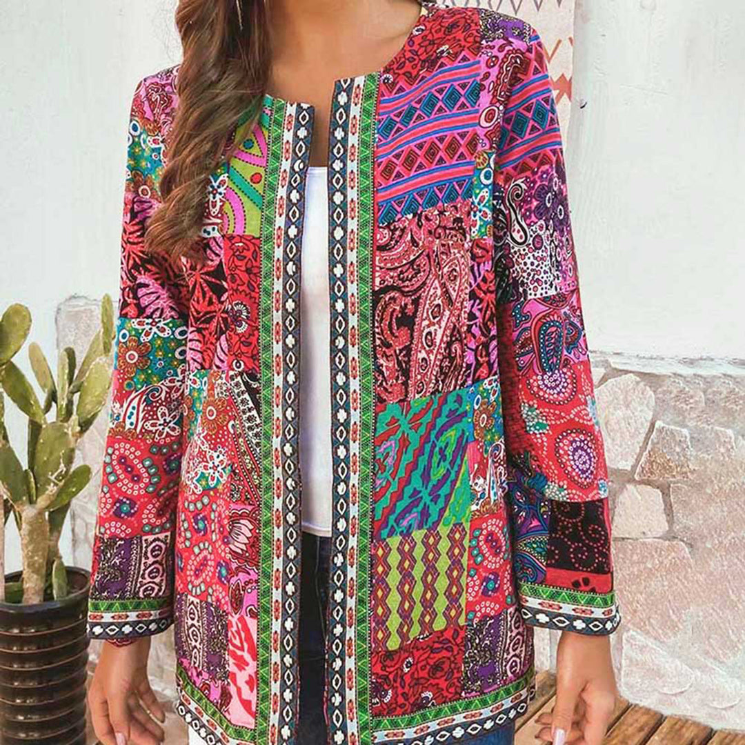 Ingrid - Fargerik patchwork cardigan med åpen front og rund hals