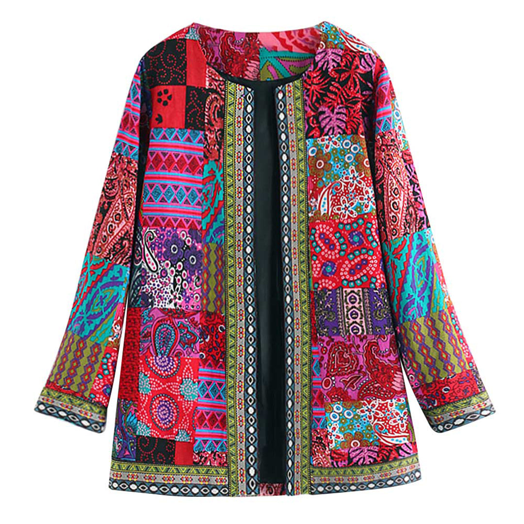 Ingrid - Fargerik patchwork cardigan med åpen front og rund hals