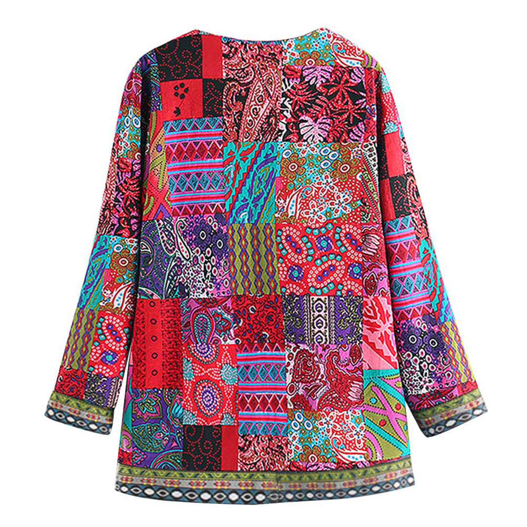Ingrid - Fargerik patchwork cardigan med åpen front og rund hals