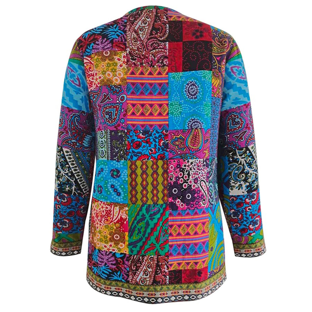 Ingrid - Fargerik patchwork cardigan med åpen front og rund hals