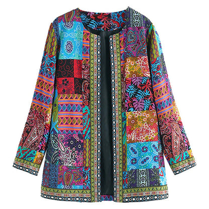 Ingrid - Fargerik patchwork cardigan med åpen front og rund hals