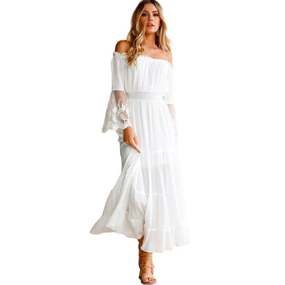 Isla - Boho blonde maxikjole med off-shoulder-design og blomstrete blondermer