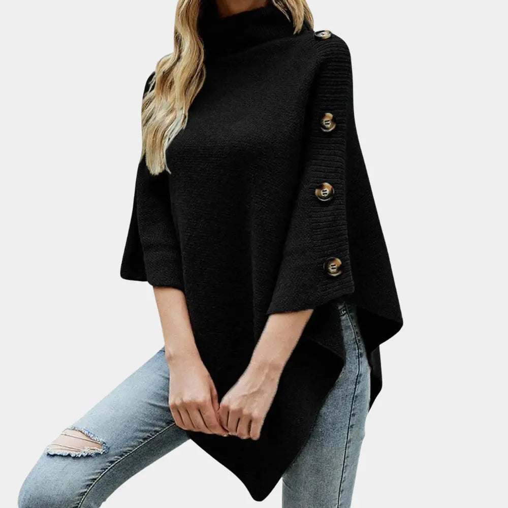 Jessica - Stilig asymmetrisk poncho med knappedetaljer og høy hals