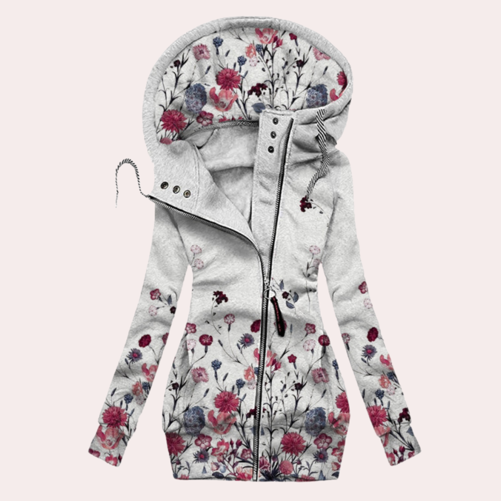 Sophia - Koselig floral hettegenser med glidelås med overdimensjonert hette