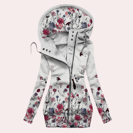 Sophia - Koselig floral hettegenser med glidelås med overdimensjonert hette