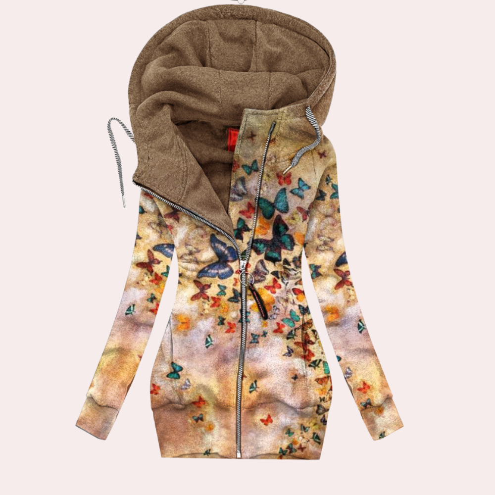 Sophia - Koselig floral hettegenser med glidelås med overdimensjonert hette