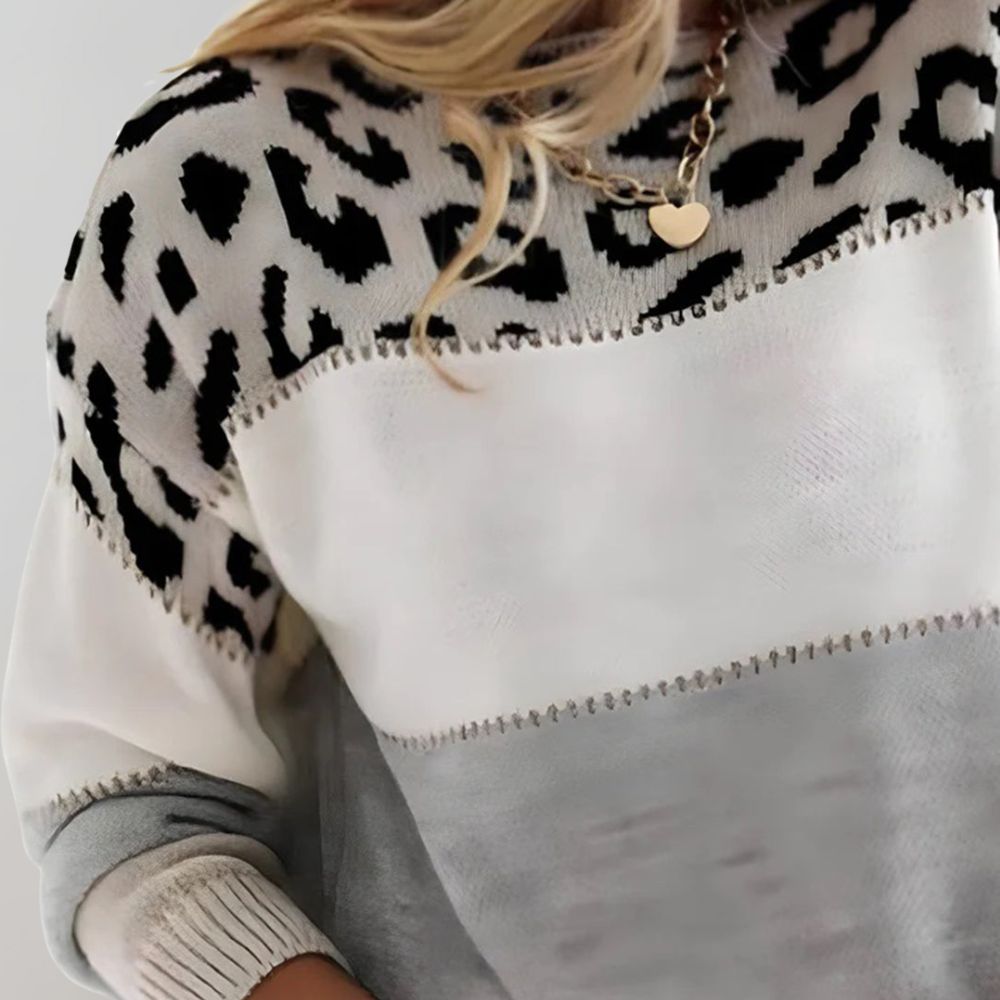 Mia - Trendy fargeblokkert genser med leopardmønster