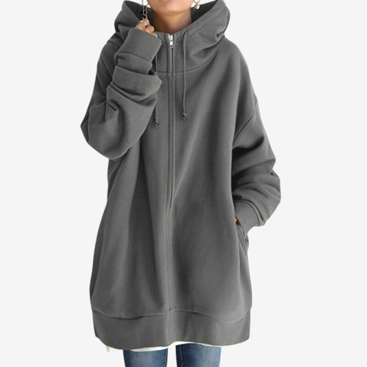 Lena – Langermet Oversized Zip Hoodie med Ribbestrikkede Detaljer