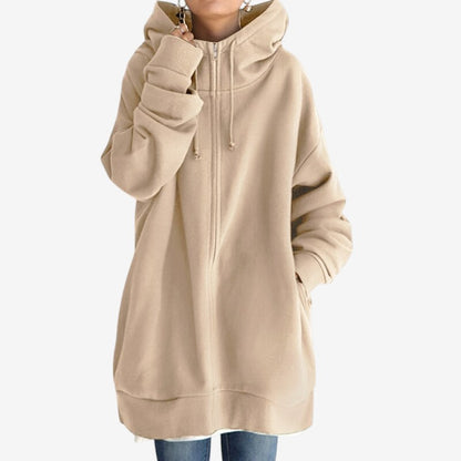 Lena – Langermet Oversized Zip Hoodie med Ribbestrikkede Detaljer