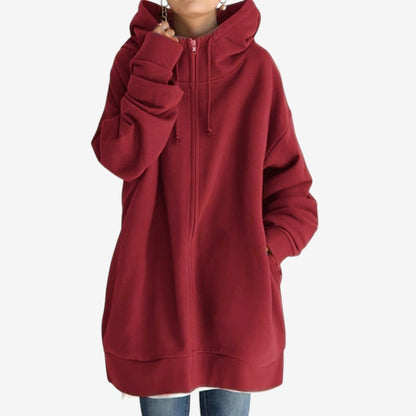 Lena – Langermet Oversized Zip Hoodie med Ribbestrikkede Detaljer