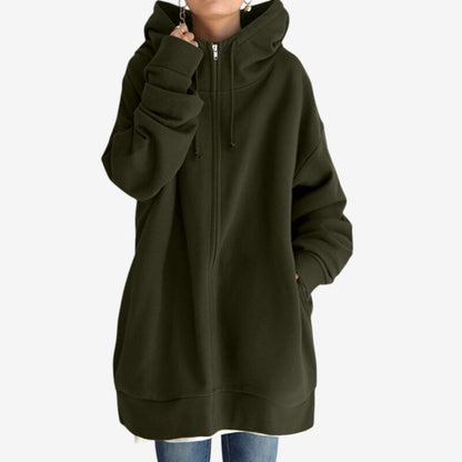 Lena – Langermet Oversized Zip Hoodie med Ribbestrikkede Detaljer