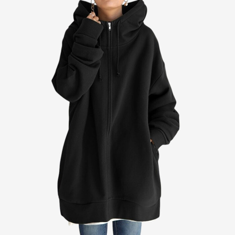 Lena – Langermet Oversized Zip Hoodie med Ribbestrikkede Detaljer