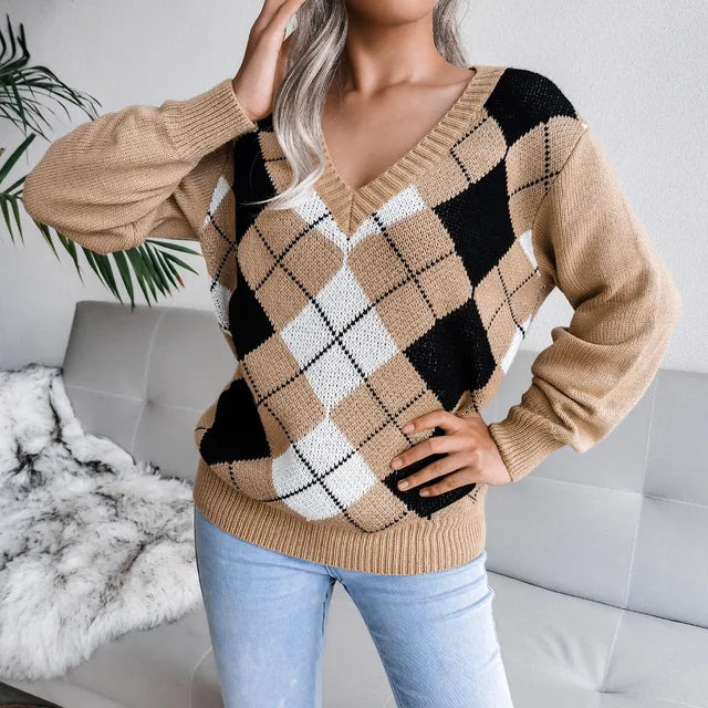 Hazel - Retro genser med diamanttrykk og V-hals med lange ermer