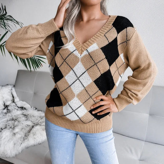 Hazel - Retro genser med diamanttrykk og V-hals med lange ermer