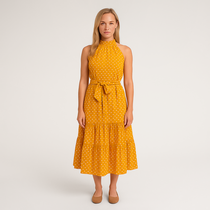 Elena – Moderne midikjole med halterneck og midjebelte