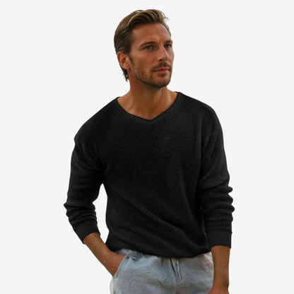 Svein – Langermet Genser med V hals og Ribbestrikkede Detaljer
