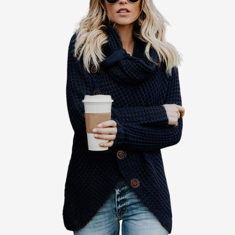 Nancy – Langermet Cardigan med Knappelukking og Høy Hals