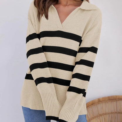Arabella - Genser med krage og V-hals med dristige striper og ribbede ermer