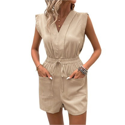 Zoe – V-hals jumpsuit i ett stykke med elastisk midje og funksjonelle lommer