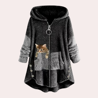 Lily - Koselig hettegenser med glidelås med kattedesign og A-linje passform