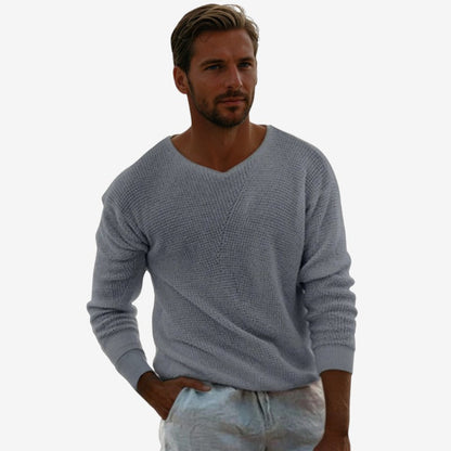 Svein – Langermet Genser med V hals og Ribbestrikkede Detaljer