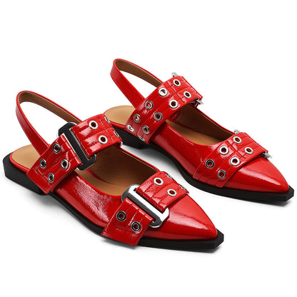 Lana - Slingback Flate Sandaler med Spiss Tå og Spenne