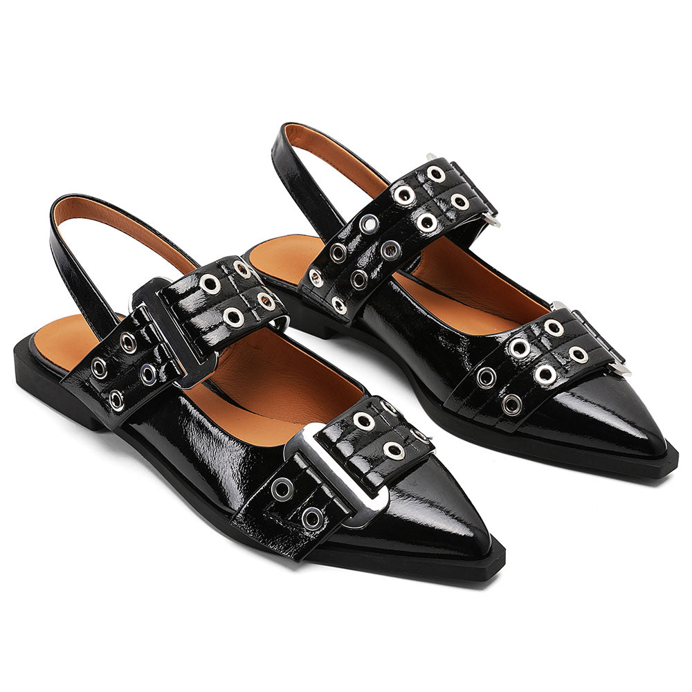 Lana - Slingback Flate Sandaler med Spiss Tå og Spenne