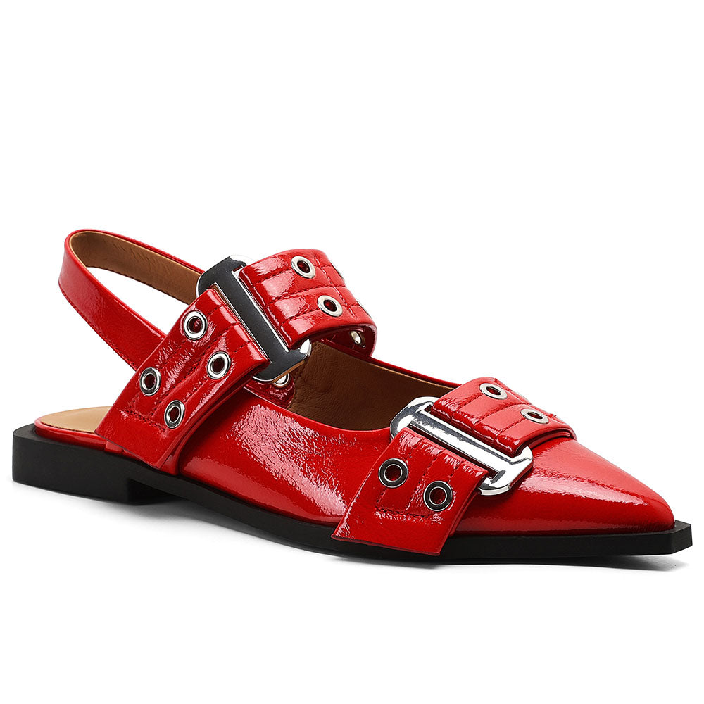 Lana - Slingback Flate Sandaler med Spiss Tå og Spenne