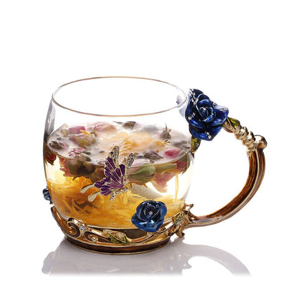 CrystalRose - Luksuriøst blå rose krystall krus med matchende skje