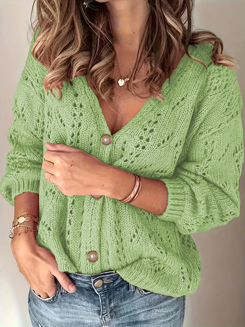 Helena - Varm Langermet Strikket Cardigan med Knapper