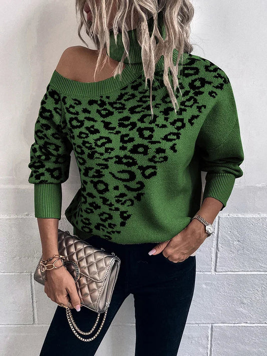 Chloe - Stilfull Off-Shoulder Langermet Leopardsmønster Genser