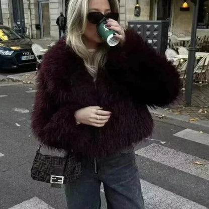 Nathalie – Fuskepelsfrakk med Lange Ermer og Løs Passform