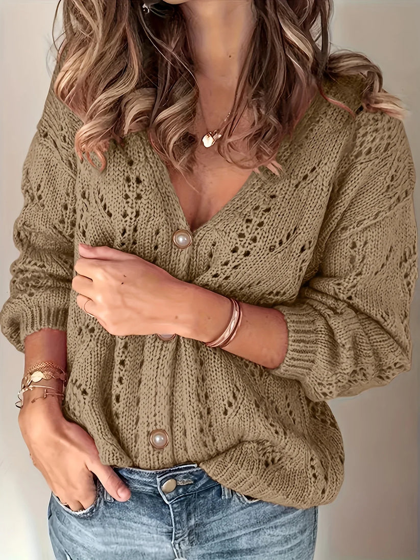 Helena - Varm Langermet Strikket Cardigan med Knapper