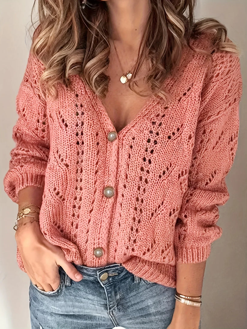 Helena - Varm Langermet Strikket Cardigan med Knapper