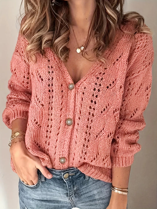 Helena - Varm Langermet Strikket Cardigan med Knapper