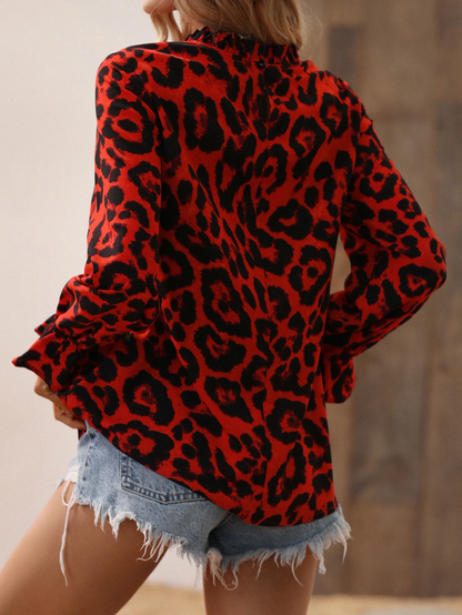 Aria - Leopardbluse med langermet plissert krage