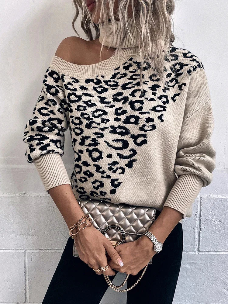 Chloe - Stilfull Off-Shoulder Langermet Leopardsmønster Genser