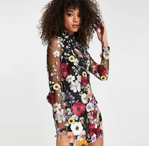Elysia - Blomsterbrodert minikjole med lange ermer