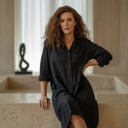 Nora - Skjortekjole med knapp foran med lange ermer og sidelommer