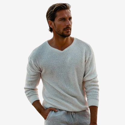 Svein – Langermet Genser med V hals og Ribbestrikkede Detaljer