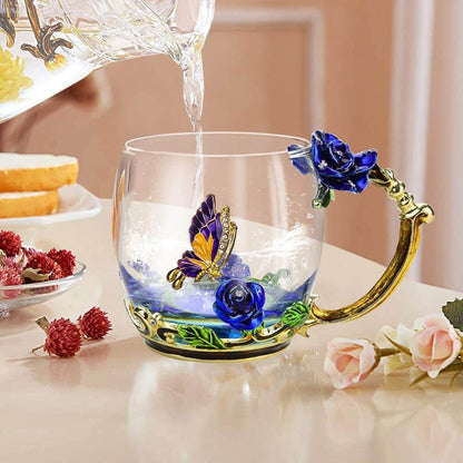 CrystalRose - Luksuriøst blå rose krystall krus med matchende skje