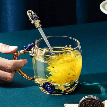 CrystalRose - Luksuriøst blå rose krystall krus med matchende skje