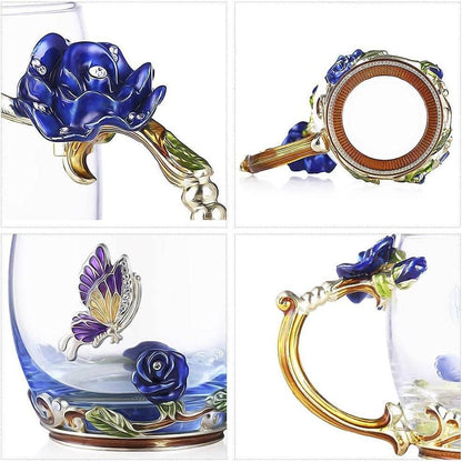 CrystalRose - Luksuriøst blå rose krystall krus med matchende skje