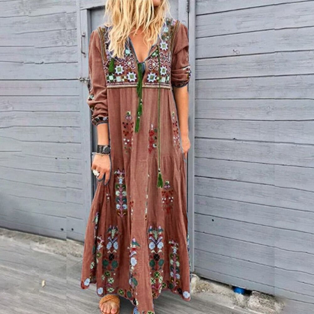 Isla - Boho-inspirert maxikjole med snøring i utringningen