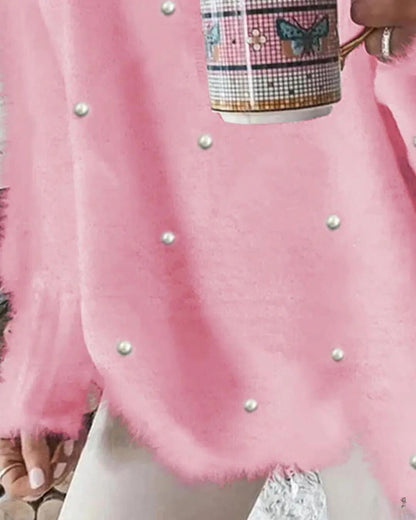 Liora - V-hals, langermet, luftig topp med perler