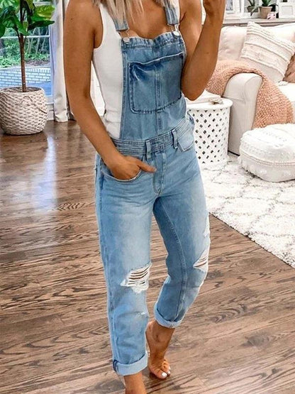 Adeline - Stilig jumpsuit i denim med slitne detaljer