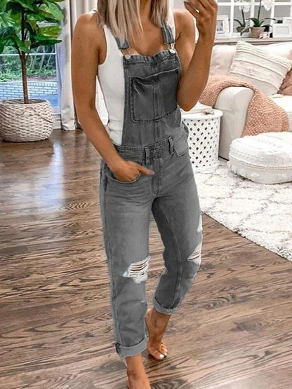 Adeline - Stilig jumpsuit i denim med slitne detaljer