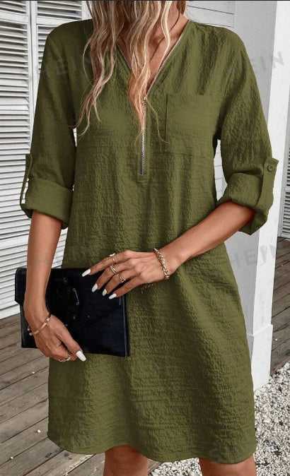 Sandra - Glidelås foran A linje kjole med opprullede ermer