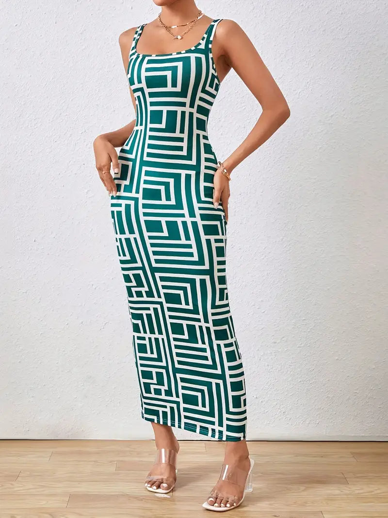 Charlotte - Bodycon kjole med geometrisk trykk og tynne spaghettistropper