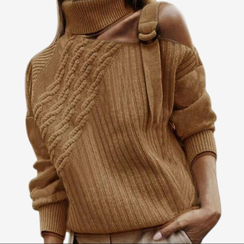 Brown sweater with cable knit pattern on a white background